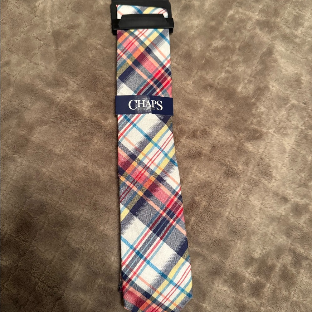 Chaps Plaid Tie in Blue, Red, Yellow and Cream